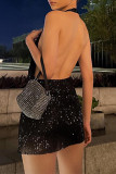 Sexy Solid Sequins Backless Slit Halter One Step Skirt Dresses