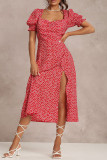 Elegant Polka Dot Slit Square Collar A Line Dresses