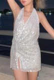 Sexy Solid Sequins Backless Slit Halter One Step Skirt Dresses