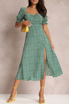 Elegant Polka Dot Slit Square Collar A Line Dresses