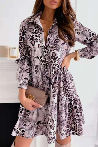 Vintage Animal Print Printing Turndown Collar Shirt Dress Dresses