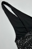 Sexy Solid Sequins Backless Slit Halter One Step Skirt Dresses