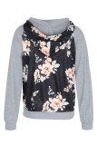 Casual Floral Patchwork Pocket Hooded Collar Tops