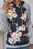 Casual Floral Patchwork Pocket Hooded Collar Tops