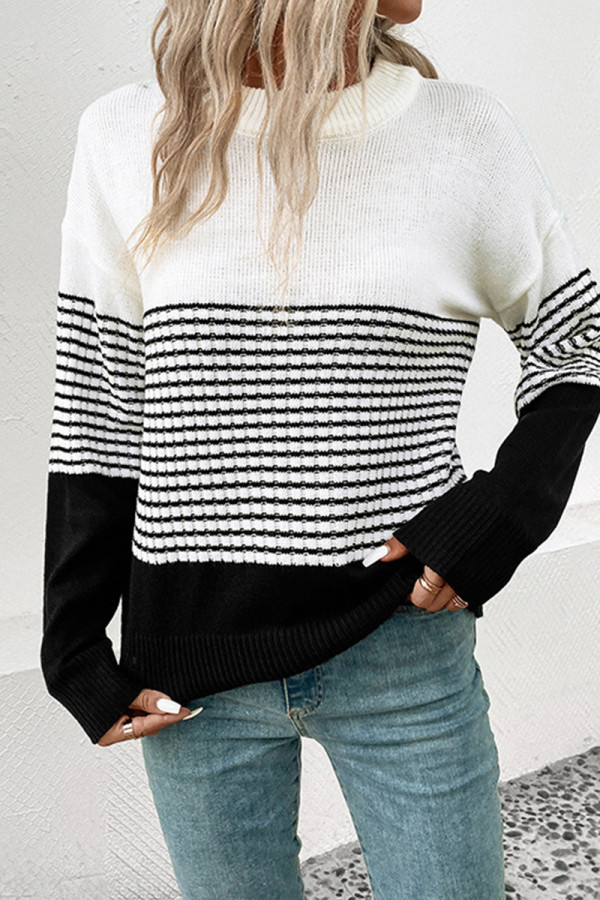 Casual Striped Contrast Weave O Neck Tops