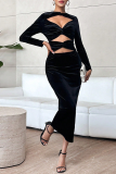 Sexy Solid Hollowed Out O Neck Wrapped Skirt Dresses