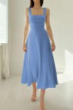 Elegant Solid Frenulum Square Collar Waist Skirt Dresses
