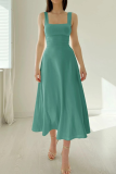 Elegant Solid Frenulum Square Collar Waist Skirt Dresses