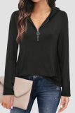 Casual Solid Zipper Hooded Collar Tops