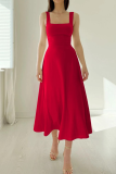 Elegant Solid Frenulum Square Collar Waist Skirt Dresses