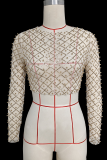 Sexy Solid Sequins See-through Beading O Neck Tops