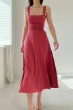 Elegant Solid Frenulum Square Collar Waist Skirt Dresses