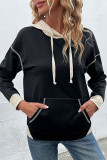 Casual Color Block Pocket Contrast Hooded Collar Tops