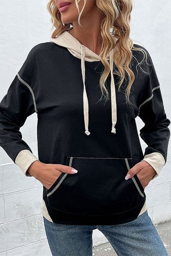 Casual Color Block Pocket Contrast Hooded Collar Tops