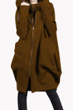 Casual Solid Pocket Zipper Hooded Collar Outerwear