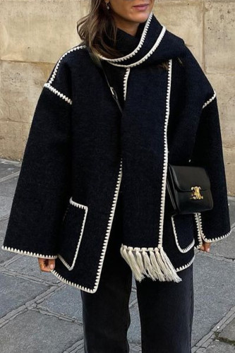 Street British Style Color Block Tassel Embroidered Scarf Collar Outerwear