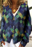 Casual Plaid Print Contrast V Neck Outerwear(Sweater print)