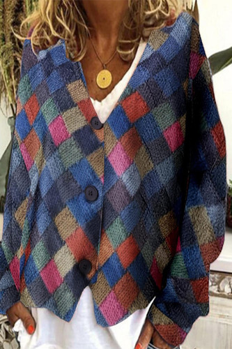 Casual Plaid Print Contrast V Neck Outerwear(Sweater print)