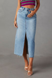 Vintage Elegant Solid Make Old Slit High Waist Denim Skirts