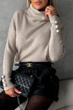 Casual Solid Buttons Turtleneck Tops