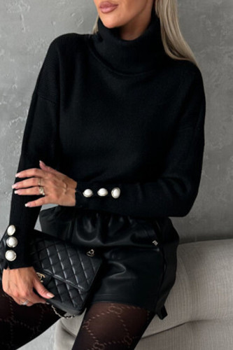 Casual Solid Buttons Turtleneck Tops