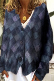 Casual Plaid Print Contrast V Neck Outerwear(Sweater print)