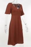 Sexy Solid Slit V Neck A Line Short Sleeve Dress
