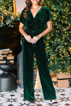 Sexy Simplicity Solid Pocket Frenulum V Neck Loose Jumpsuits