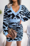Street Animal Print Weave V Neck Waist Skirt Dresses