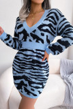 Street Animal Print Weave V Neck Waist Skirt Dresses
