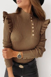 British Style Solid Buttons Flounce Turtleneck Tops