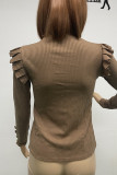 British Style Solid Buttons Flounce Turtleneck Tops