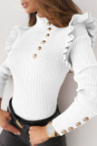 British Style Solid Buttons Flounce Turtleneck Tops