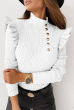 British Style Solid Buttons Flounce Turtleneck Tops