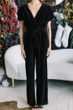 Sexy Simplicity Solid Pocket Frenulum V Neck Loose Jumpsuits
