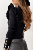British Style Solid Buttons Flounce Turtleneck Tops