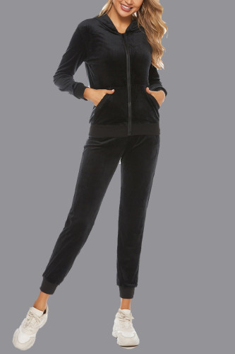 Sportswear Simplicity Solid Pocket Hooded Collar Long Sleeve Two Pieces