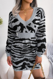 Street Animal Print Weave V Neck Waist Skirt Dresses