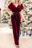 Sexy Simplicity Solid Pocket Frenulum V Neck Loose Jumpsuits
