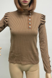 British Style Solid Buttons Flounce Turtleneck Tops