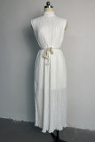 Elegant Solid Frenulum Fold Half A Turtleneck Sleeveless Dress Dresses