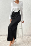 Elegant Solid Contrast V Neck One Step Skirt Dresses