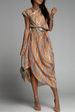 Elegant Striped Print Without Belt Asymmetrical Collar Printed Dress Short Sleeve Dress（No Belt）