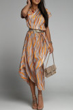 Elegant Striped Print Without Belt Asymmetrical Collar Printed Dress Short Sleeve Dress（No Belt）
