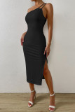 Sexy Solid Backless Slit Asymmetrical One Shoulder Wrapped Skirt Dresses