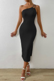 Sexy Solid Backless Slit Asymmetrical One Shoulder Wrapped Skirt Dresses