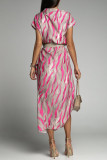 Elegant Striped Print Without Belt Asymmetrical Collar Printed Dress Short Sleeve Dress（No Belt）