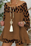 Casual Leopard Printing U Neck Long Sleeve Two Pieces