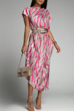 Elegant Striped Print Without Belt Asymmetrical Collar Printed Dress Short Sleeve Dress（No Belt）
