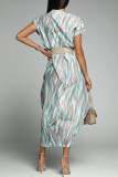 Elegant Striped Print Without Belt Asymmetrical Collar Printed Dress Short Sleeve Dress（No Belt）